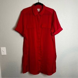Chico’s Women’s Red Short Sleeve Button Front Polyester Shirt Dress.